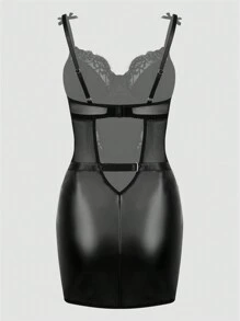 PU Leather Sexy Zip Up Dress With Mesh Pants Sexy 2 Pieces Set, Rave - Black - View 3