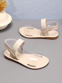 新款春夏女童连体拖鞋，时尚休闲风格，外穿，罗马风格休闲鞋，宽松拖鞋，舒适，米色和黑色平底图案拖鞋。 - 米色 - 查看 3