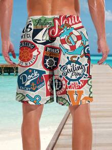 Men's 3D Summer Rudder Swimming Ring Letter Printed Beach Shorts,Hawaiian - Multicolor - View 2