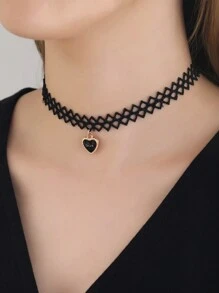 1 件时尚镂空蕾丝天鹅绒项链，星星、心形和波浪领，适合女士，性感哥特式网眼颈链 - 黑色 - 查看 2