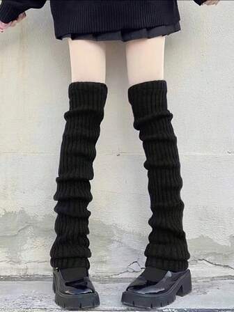 1 Pair Women Solid Vertical Striped Warm Decor Cute Leg Warmers, Suitable For Spring, Autumn, Winter