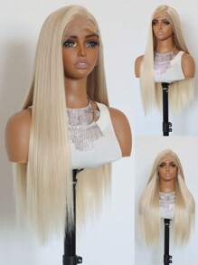 SALLYWELL 24 Inch Mint Blue Synthetic Lace Front Wig, Smooth Straight Hair, Fashion Style For Women; 13x4 High Definition Mint Green Lace Front Wig, Pre-Trimmed Hairline - Gold - View 12