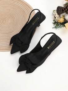 Elegantes zapatos de tacón alto con detalle de moño, tacones de aguja puntiagudos - Negro - Ver 2