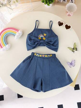 MommBaby 2 件套女婴蝴蝶结刺绣吊带背心 + 短裤套装，休闲风格度假户外装夏季