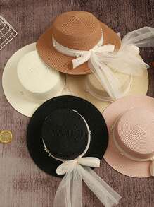 New Lace Pearl Mesh Bow Decor Straw Hat, Sweet Wide Brim Sun Hat For Summer Vacations, UV Protection, Fashionable & Versatile Casual Boho Vintage Streetwear, Polyester, Bow Accent, Spring/Summer