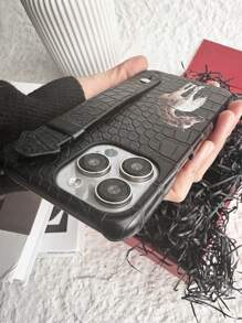 Funda de teléfono con correa de muñeca de caballo blanco, funda protectora 2 en 1 compatible con teléfonos modelo iPhone, con cubierta trasera de PU con estampado de cocodrilo negro de lujo y caballo impreso con UV, y soporte de teléfono ajustable