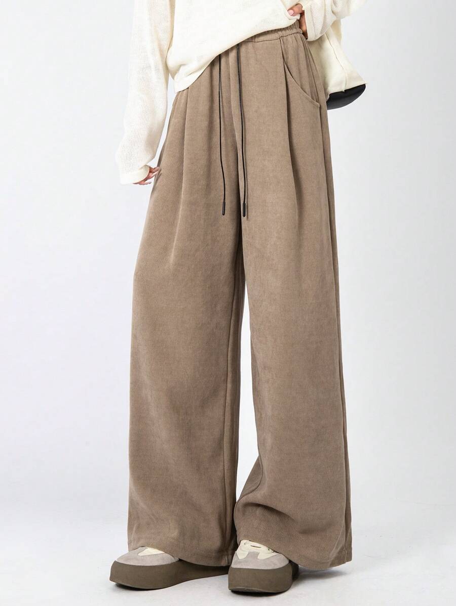 女士纯色休闲简约抽绳腰部褶皱镀层日常运动裤 - 卡其色 - 查看 1