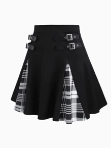 New Style Women Fashion Casual Decorated Skirt, Versatile High Waist Gothic Plaid Mini Skirt, Suitable For Daily, Office, Outdoor, Festivals, Knitted Polyester Material - Fit For Spring, Summer, Autumn - Black - View 3