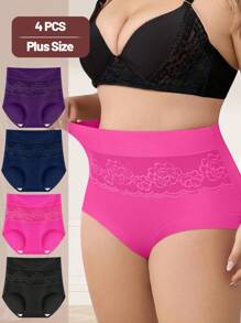 MEIYATING Set de 4 bragas tipo culotte de talle alto con control de abdomen, diseño de rosas y malla transpirable para mujer de tallas grandes