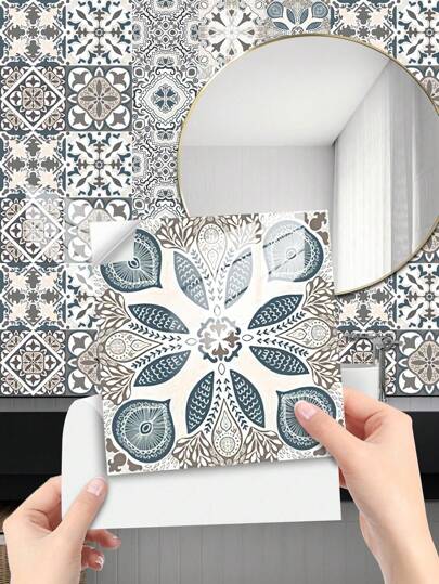 10 块花卉波西米亚自粘式 PVC 方形墙砖 20x20 厘米，带光泽水晶膜饰面 - 优雅的欧式风格即撕即贴可移除防水壁纸，适用于厨房后挡板保护、家具柜罩、特色墙面装饰、家居装饰、房间装饰、墙面装饰、植物园壁画、耐油表面、易于清洁的家居升级项目、复古图案设计、客厅卧室浴室的 DIY 翻新解决方案