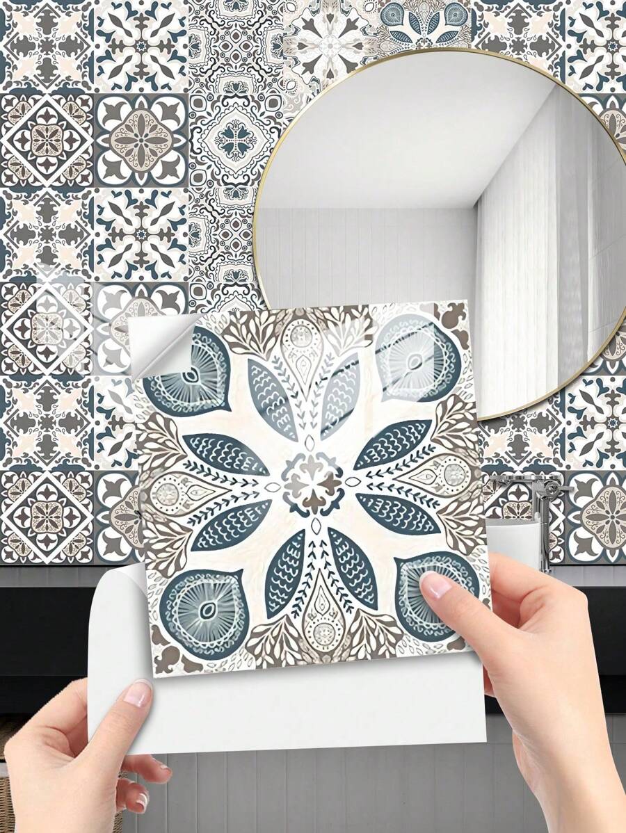 Floral Bohemian Tile Stickers 10Pcs 20x20cm Glossy Crystal Film Waterproof Oil Resistant Removable No Residue Easy Clean Easy Install PVC Peel And Stick Renter Friendly Kitchen Backsplash Accent Wall Cabinet Cover Vintage Botanical DIY Home Decor
