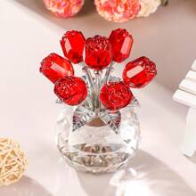 1 Piece Handmade Crystal Red Rose Flower Figurine With Round Vase, Romantic Rose Gifts For Women On Valentine's Day Mother's Day Birthday, Rose Collectible Figurines For Home Party Wedding Decorations Graduation