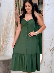 Long Dress In Viscose, Plain, Straps, Buttons On The Front, Cups And Lining. Elastex On The Back - Army Green - View 3