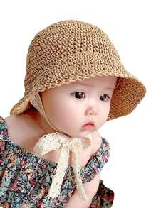 1pc Kids' Straw Sun Protection Hat, Summer Beach Floppy Hat For Girls, Baby Sunscreen Cap - Khaki - View 2