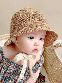 1pc Kids' Straw Sun Protection Hat, Summer Beach Floppy Hat For Girls, Baby Sunscreen Cap - Khaki - View 1