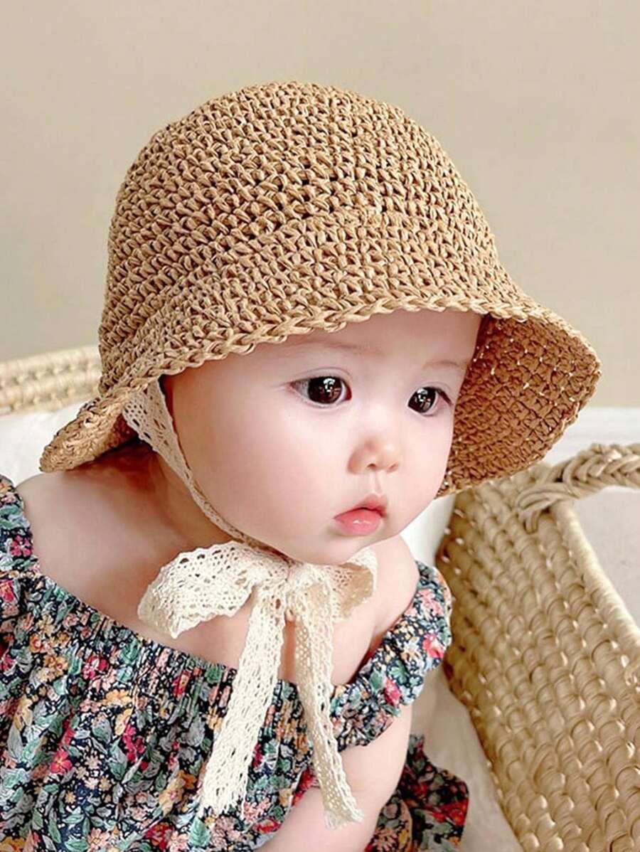 1pc Kids' Straw Sun Protection Hat, Summer Beach Floppy Hat For Girls, Baby Sunscreen Cap - Khaki - View 1