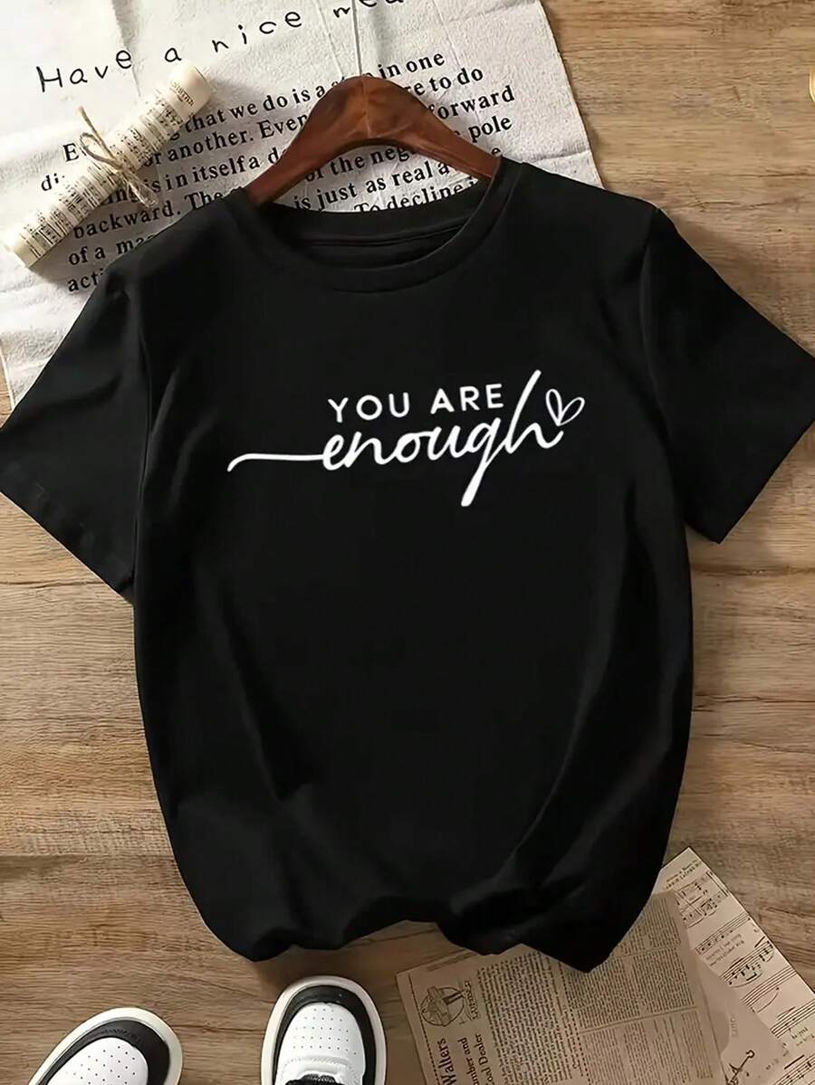 Letter Printed T-Shirt, Short Sleeved Round Neck Summer And Spring Casual Top, Women's Top - Black - View 1