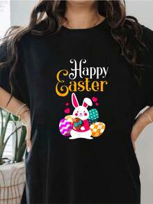 Happy Easter For Girls And Women - Easter T-Shirt Cute Print Women T Shirt, Short Sleeve Round Neck Casual Top For Summer Spring, Women's Clothing