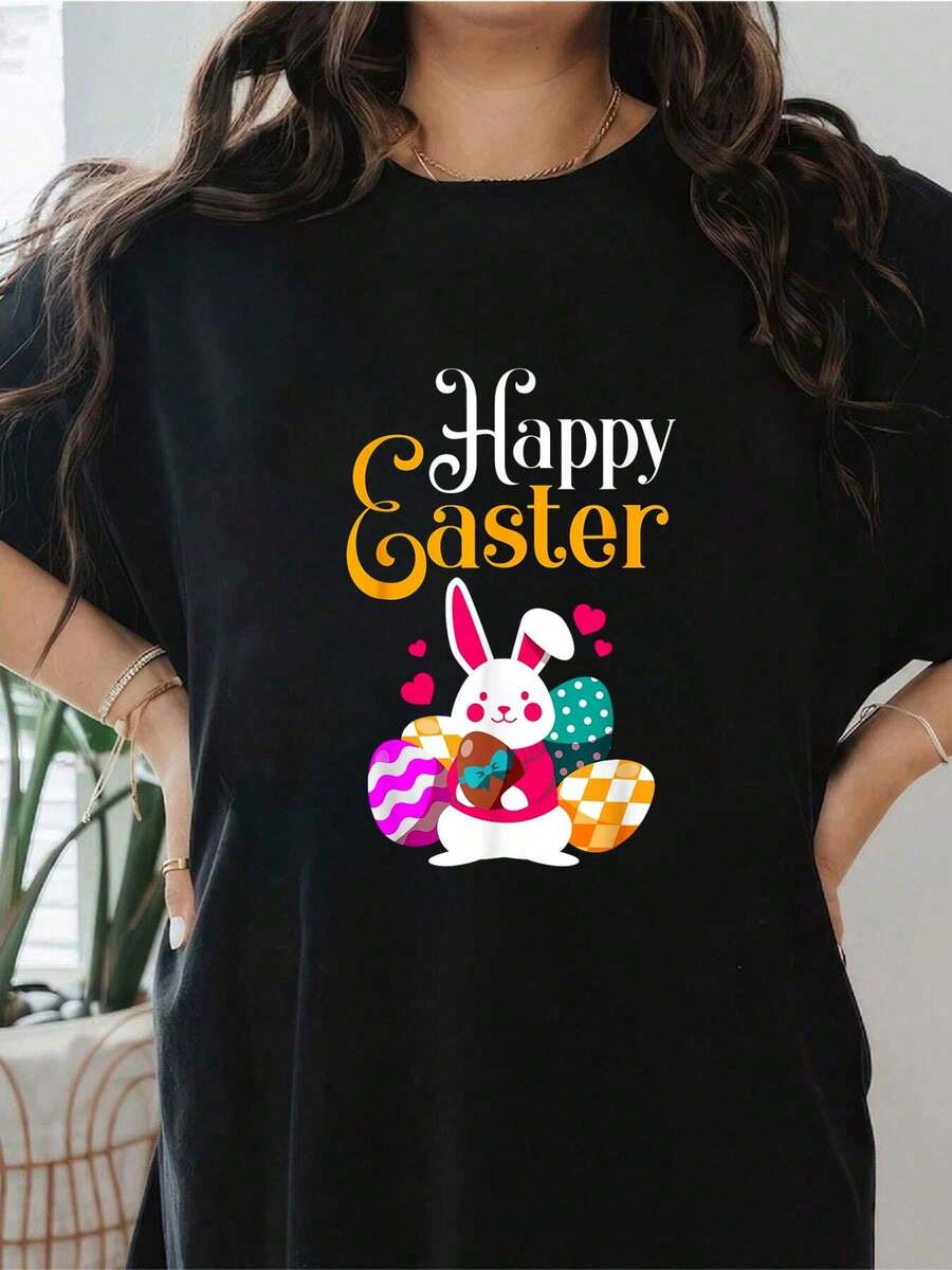 Happy Easter For Girls And Women - Easter T-Shirt Cute Print Women T Shirt, Short Sleeve Round Neck Casual Top For Summer Spring, Women's Clothing