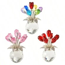 1 Piece Handmade Crystal Red Rose Flower Figurine With Round Vase, Romantic Rose Gifts For Women On Valentine's Day Mother's Day Birthday, Rose Collectible Figurines For Home Party Wedding Decorations Graduation