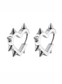 2 Pcs Fashion Stainless Steel Heart-Shaped Spike Stud Earrings, Hip-Hop Unisex Geometric Earrings, 304 Stainless Steel - Multicolor - View 14