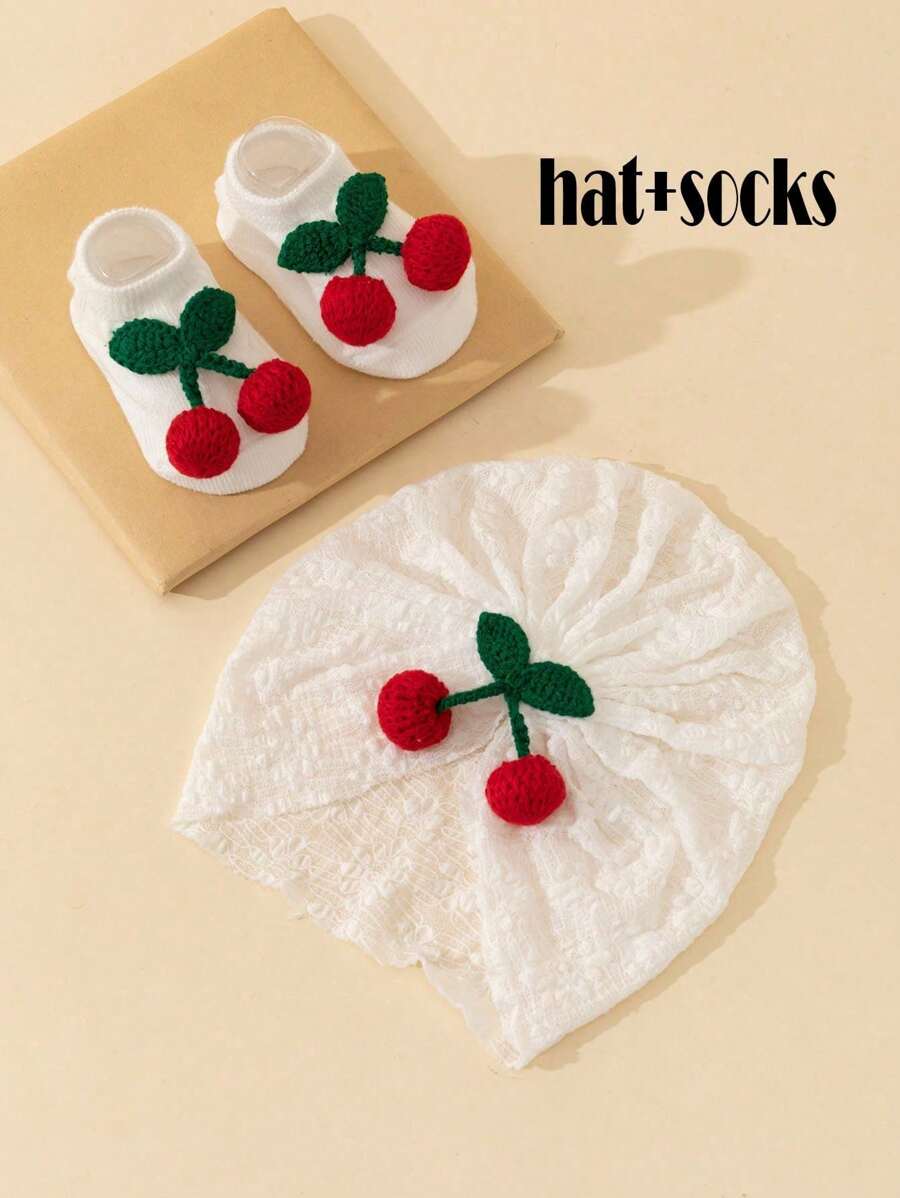 1 Set Baby Girl Cute Cherry Lace Hollow Out Sunhat And Socks, Fresh Style For Spring/Summer - 1PC - View 1
