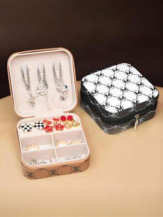 1 迷你印花珠宝盒耳环、戒指、项链、旅行收纳盒、珠宝耳环、优雅风格印花珠宝盒、多功能珠宝收纳盒、拉链便捷珠宝袋、精美化妆品和口红收纳袋、母亲节礼物、女生礼物、手提包收纳、多格大容量珠宝盒