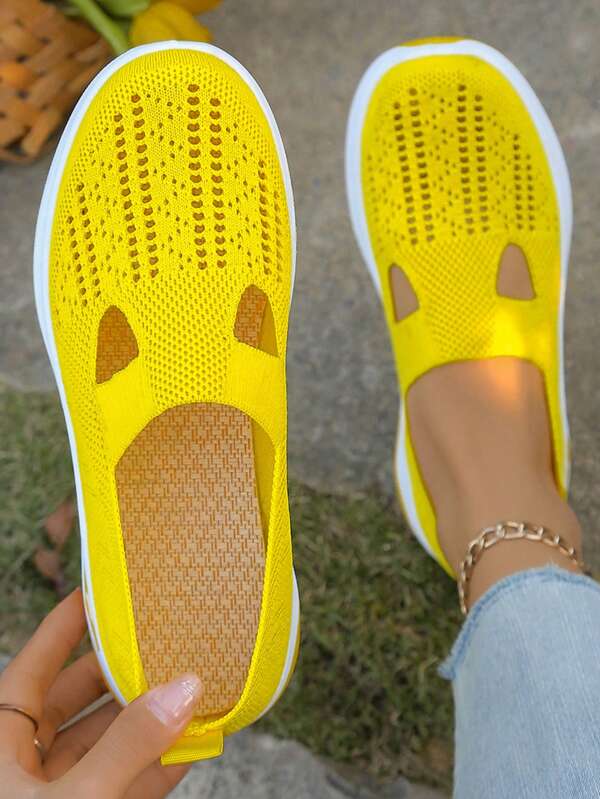 Zapatillas de mujer de unicolor, transpirables, con suela blanda, tipo slip-on para caminar, zapatos casuales de punto, sandalias planas, ligeras y cómodas, versátiles y transpirables