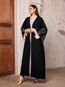 Thời trang chắp vá sequin thêu tay áo kimono abaya áo choàng caftan Hồi giáo quá khổ quần áo Hồi giáo phụ nữ áo khoác dài kaftan - màu đen - Xem 4