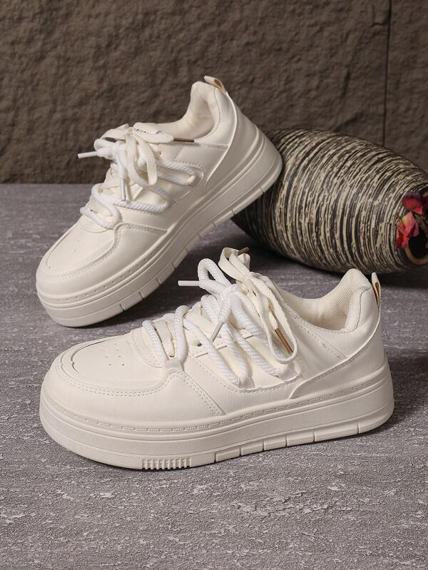 Damen Weiße Sneaker mit dicker Sohle, leichte weiche Sohle Studentensportschuhe vielseitig für Herbst/Winter, Plateau