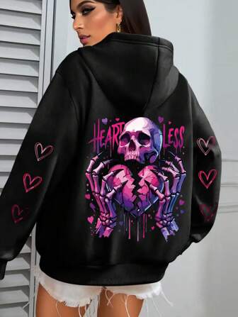 [Taglie forti] Felpa con cappuccio in pile con stampa a cuore e teschio, tasche e laccetti, top estivi, camicie, abbigliamento estivo da donna, felpe grafiche da donna, top per uscire, outfit per uscire, outfit per insegnanti, abbigliamento per il ritorno a scuola, vestiti per la scuola, vestiti per Ognissanti
