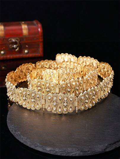Luxury Moroccan Style Gold & Silver Metal Waist Chain, Regal Engraved Rhinestone Decorated Wedding Belt, Adjustable Length Valentine's Day Accessories