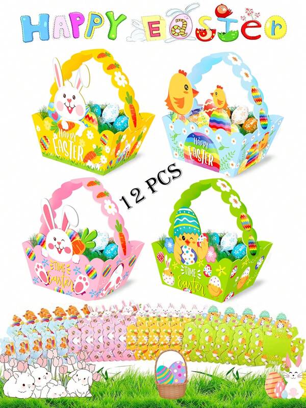 12 Pezzi Cestini di Carta per Pasqua, Scatole Portaregali per Dolcetti Pasquali, Scatole Portaregali per Feste di Pasqua con Manico, Contenitori per Uova per la Caccia alle Uova, Forniture per Feste di Pasqua, Decorazioni per Feste di Pasqua a Tema Coniglio
