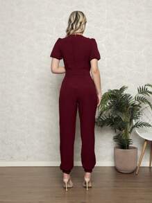 Plain Linen Jumpsuit With V-Neckline And Free Belt - Redwood - View 2