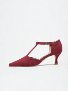 Women's Red Square Toe Mid-Heel Mary Jane Shoes, Pointed Toe Hollow Closed Toe Ankle Strap High Heel Sandals