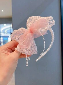1pc Kids' Fashion Elegant Lace Pearl Bowknot Pearl Headband - Baby Pink - View 3