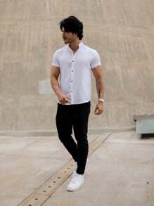 Men's Summer Formal Shirt Short Sleeve Priest Collar Slim Fit Premium - 白色 - 查看 1