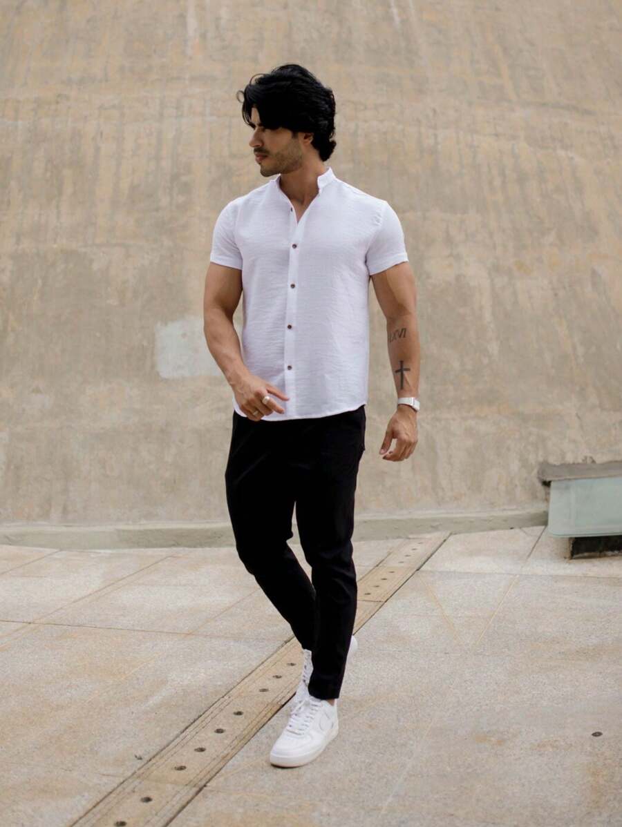 Men's Summer Formal Shirt Short Sleeve Priest Collar Slim Fit Premium - 白色 - 查看 1