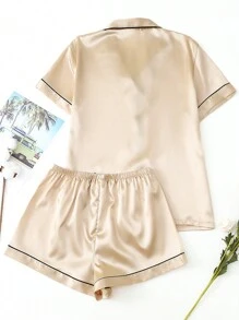 2pcs/Set Women's Satin Pajama Set With Short Sleeve Lapel Top And Bowknot Shorts, Sleepwear Loungewear, Two Pieces Set