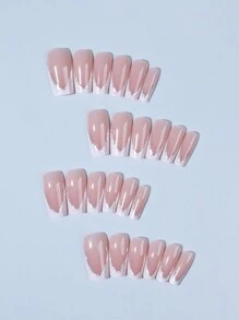 Set de 24 uñas postizas de estilo francés en forma de ataúd de color blanco, con diseño minimalista y reutilizable. Incluye 1 pegamento de gel y 1 lima para uñas. Uñas acrílicas falsas para mujeres y niñas, para uso diario y de fiesta.