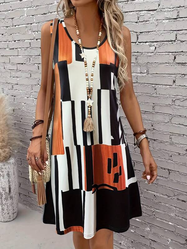 Spring&Summer Women's Geometric Pattern Sleeveless Dress For Summer Vacation,Dresses For Women Summer,Women Bohemia Midi Dresses