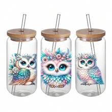 4pcs Set Of Cute Owl UV DTF Self-Adhesive Plastic Cup Wraps, Waterproof Scratch-Resistant 3D Crystal Stickers, Suitable For Glass Cups And Bottles - High-Quality Decal 4.3" X 9.4" - Multicolor - View 4