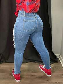 Quần jeans nữ dáng ôm sát, co giãn, phong cách châu Âu và Bắc Mỹ mới, có họa tiết rách cá tính, thích hợp cho mùa xuân. - Màu xanh lam - Xem 6