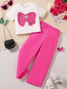 2pcs/Set Young Girl Bow Patchwork Short Sleeve T-Shirt & Wide Leg Pants Set, Casual Outdoor Wear For Summer - Hot Pink - View 1
