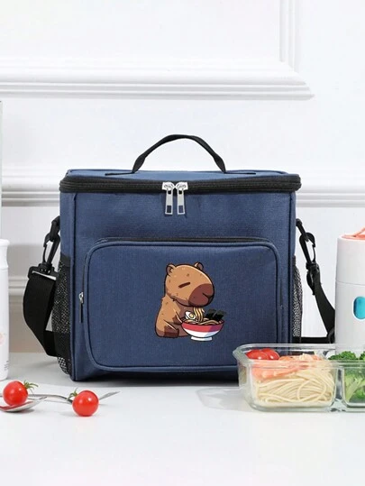 Bolsa de almuerzo de gran capacidad con estampado de un capibara comiendo fideos, bolsa térmica aislada con papel de aluminio grueso, fiambrera espaciosa para trabajadores de oficina