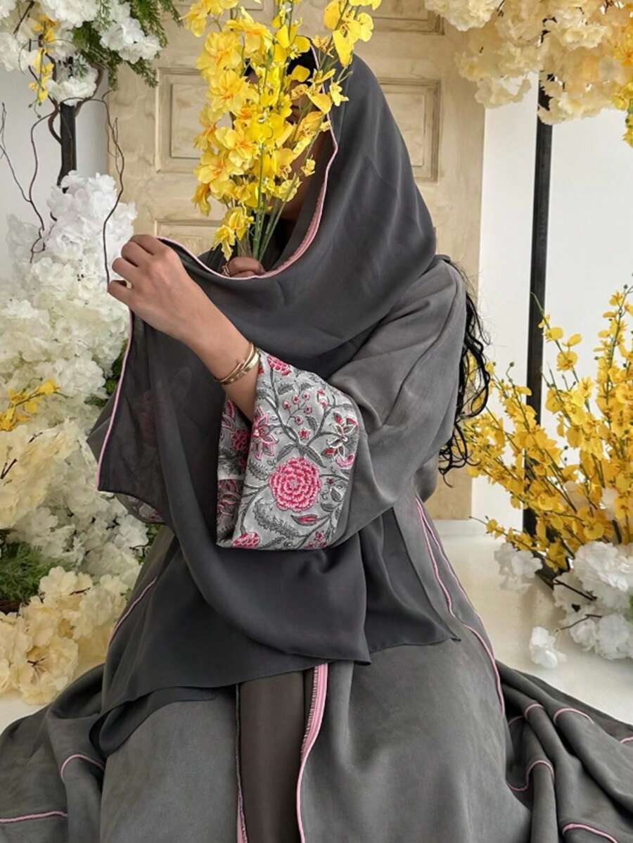 1 件女式碎花时尚长袍连衣裙，迪拜风格穆斯林长袍，宽松袖子，适合日常、节日、多用途场合 - 灰色 - 查看 1