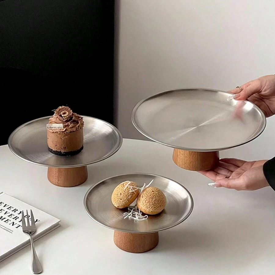 1 件优雅不锈钢高水果和甜点托盘，带木质底座 - 非常适合家庭和餐厅展示，适用于纸杯蛋糕糕点和糖果 - 彩色 - 查看 1
