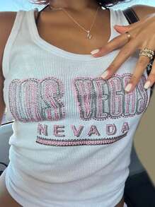 Women Y2K Rhinestone Letter Tank Tops Summer Round Neck Vests Casual Sleeveless Tops Slim Cami Tops Streetwear