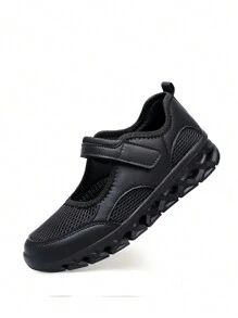 女士低帮平底鞋，2025新款透气网面皮革拼接休闲鞋，魔术贴轻便舞蹈鞋，护士鞋，妈妈鞋，软底防滑厚底运动鞋，春夏秋季 - 黑色 - 查看 6