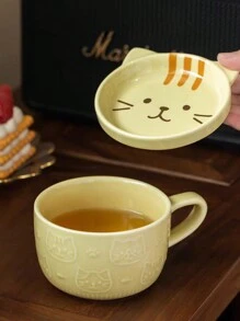 1pc Cute Cat Hand-Painted Ceramic Coffee Mug With Lid, Underglaze Colored Breakfast Cup, Tea Cup, Gift